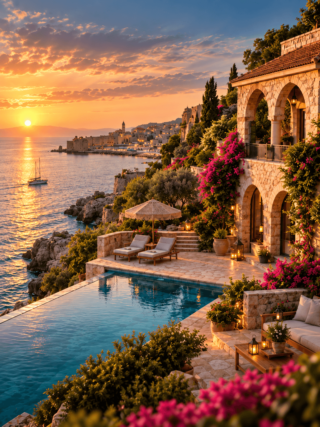 Mediterranean stone villa overlooking the sea at sunset, Lebanon